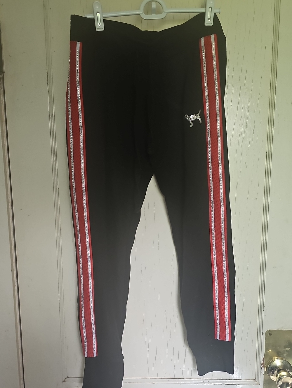 PINK Black Track Pants with Red Side Stripes